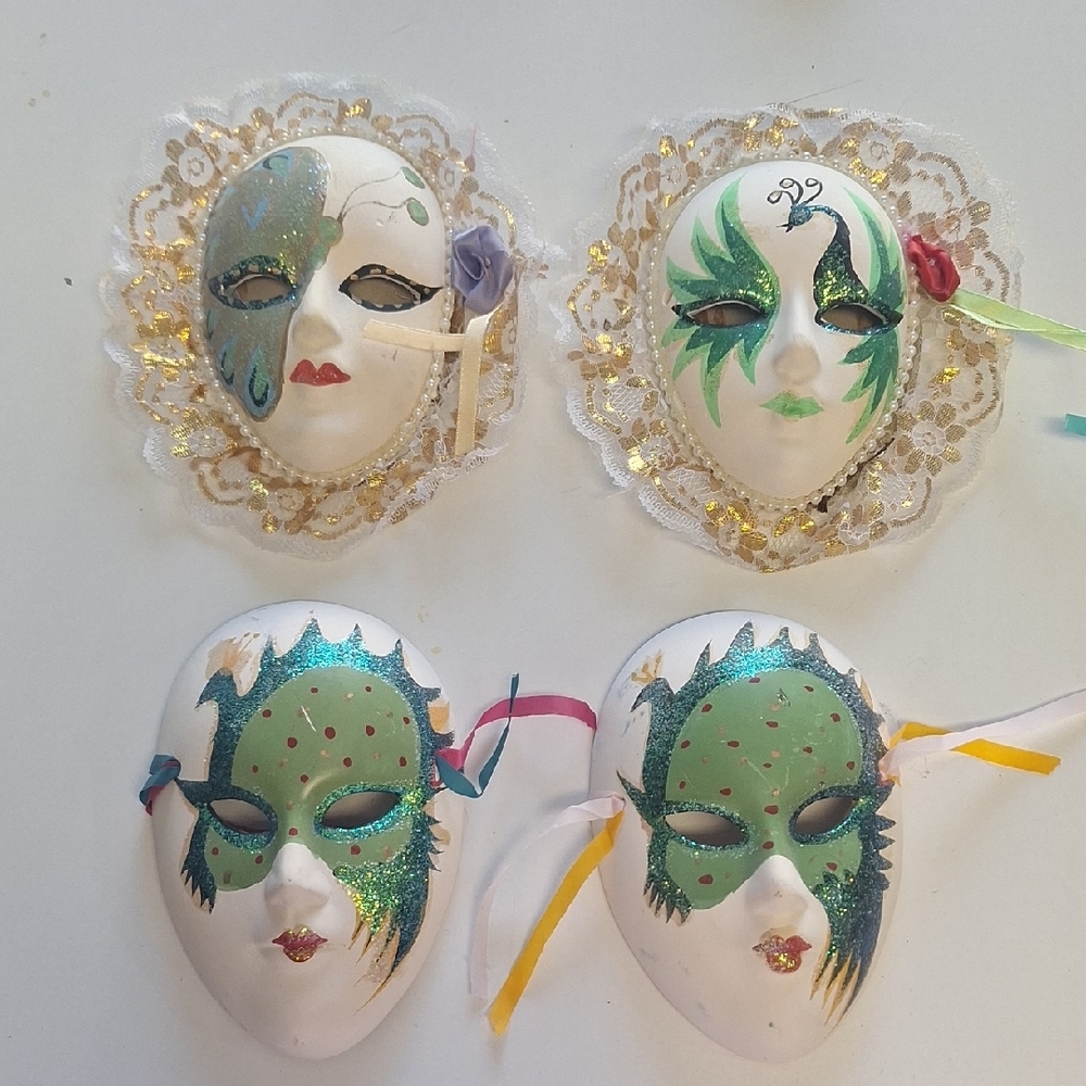 Decorative Ceramic Venetian Style Masks with Green and Gold Accents